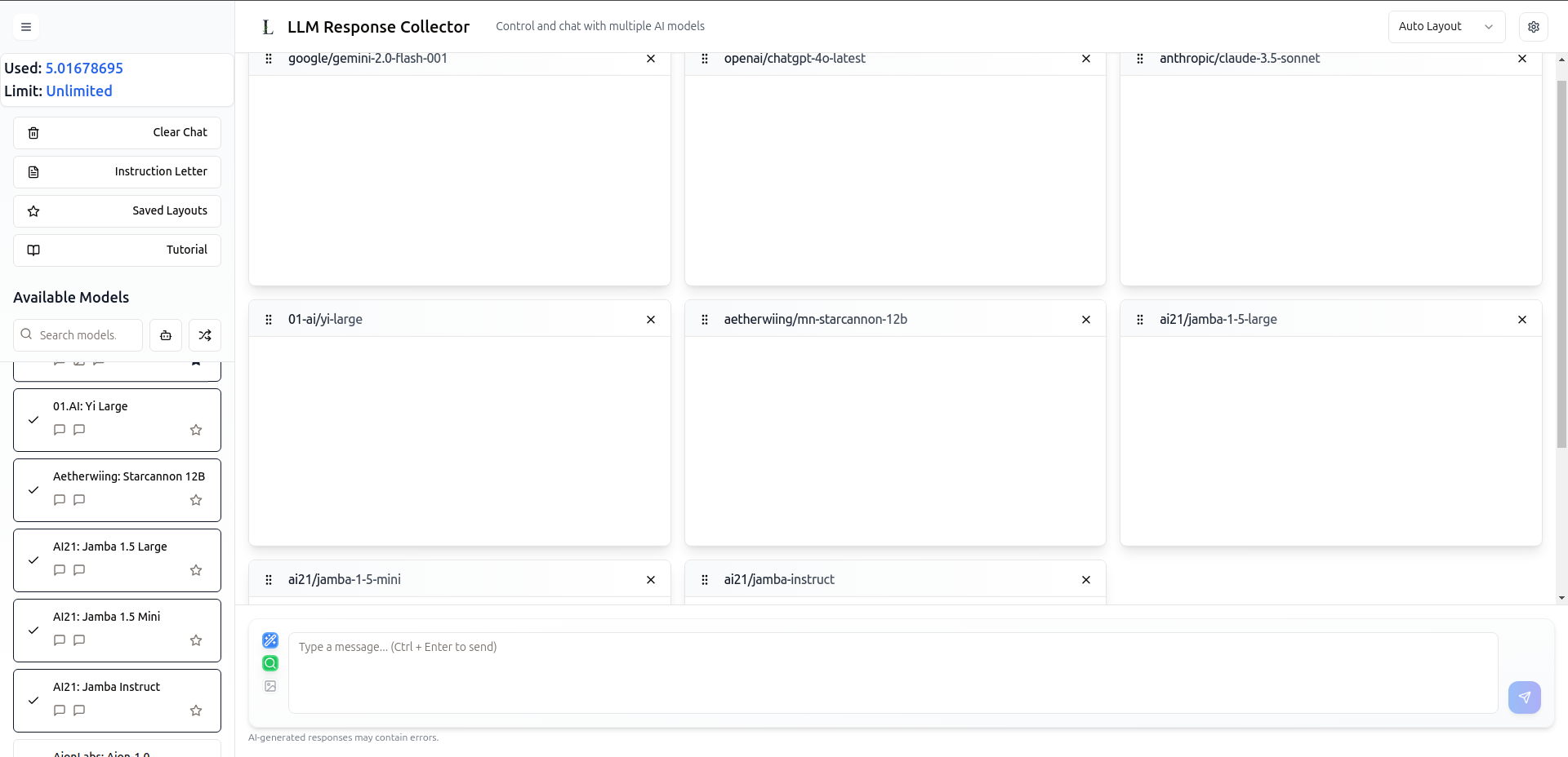 Pure Javascript Chat Llm Gui LLM Response Collector - Advanced AI Chat Platform with Multi-model Support
